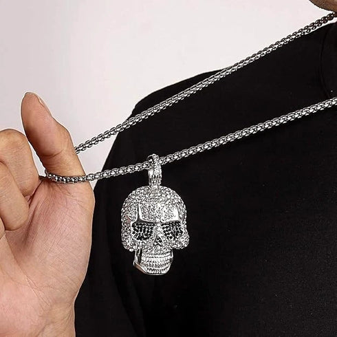 Iced Out 14K White Gold Plated Cubic Zirconia Sugar Skull Head Pendant Necklace