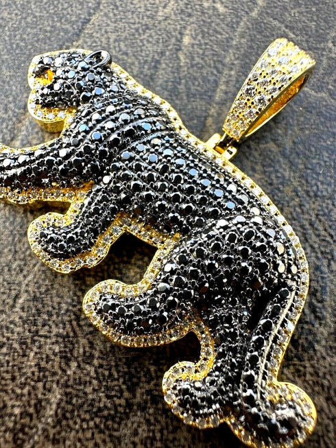 Iced Out 14K Gold Plated Cubic Zirconia Black Jaguar Panther Pendant Necklace
