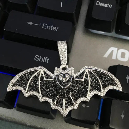 Iced Out Paved 14K White Gold Plated Cubic Zirconia Black Bat Pendant Necklace