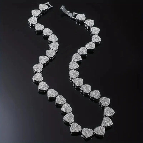 2-Pcs FULLY ICED 14K Gold Plated Heart Shape CZ Tennis Chain Necklace & Bracelet