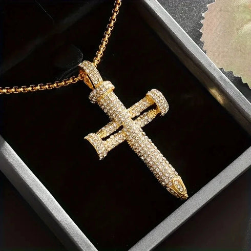 Men's Exquisite Iced Micro Pave 14K Gold Plated CZ Nail Cross Pendant Necklace