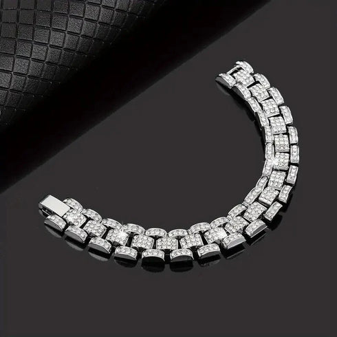 2Pc Men FULLY ICED Watch Band Baguette Chain 14KGold Plated CZ Necklace & Bracelet