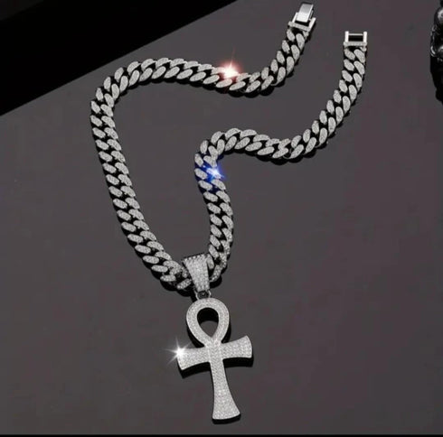 3-Pcs Iced 14K Gold Plated CZ Large Ankh Cross Pendant with Cuban Necklace & Bracelet