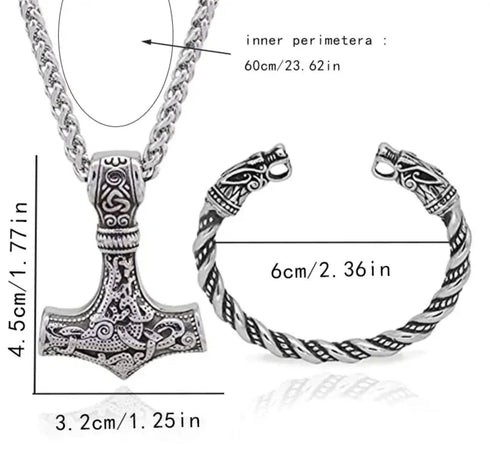 Nordic Viking Wolf Head Thor's Hammer Men Women Mjolnir Necklace & Bracelet Set