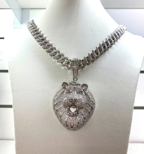 3-Pcs Iced Out 14K Gold Plated CZ Lion Head Pendant W/Cuban Necklace & Bracelet