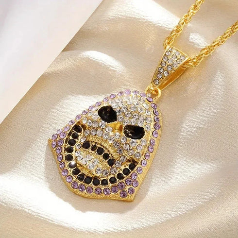 2 Pcs Black Gothic Thorns Skull Rhodium Plated Cuban Halloween Necklace & Bracelet