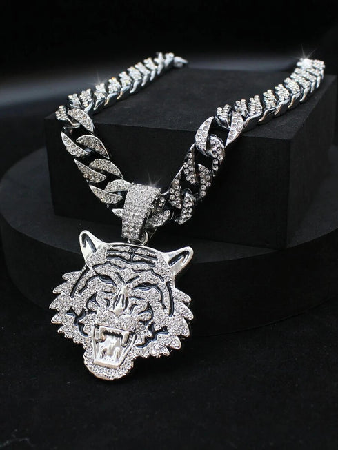 3 Pc Iced Out 14K Gold Plated CZ Tiger Head Pendant & Cuban Chain Necklace & Bracelet