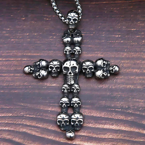 Vintage Cross Skull/Ghost 316L Stainless Steel Carved Halloween Pendant Necklace