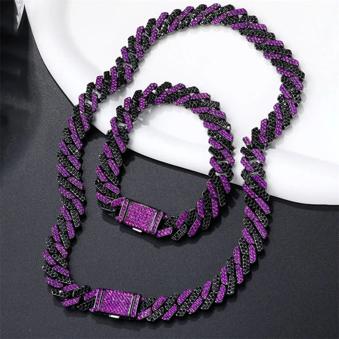 2Pc FULLY ICED Bling Rhodium Plated Purple Black CZ Cuban Link Necklace+Bracelet