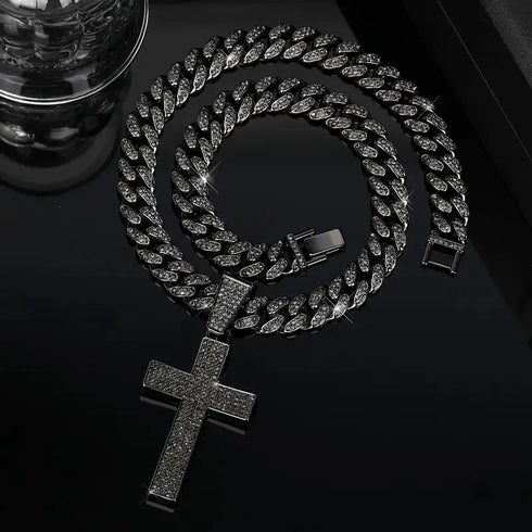 Rhodium Plated Iced Out Black CZ Cuban Chain Cross Pendant & Necklace