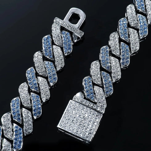 2 Pc Men Women FULLY ICED Rhombus Blue Cuban Link Chain 2Row CZ Necklace & Bracelet