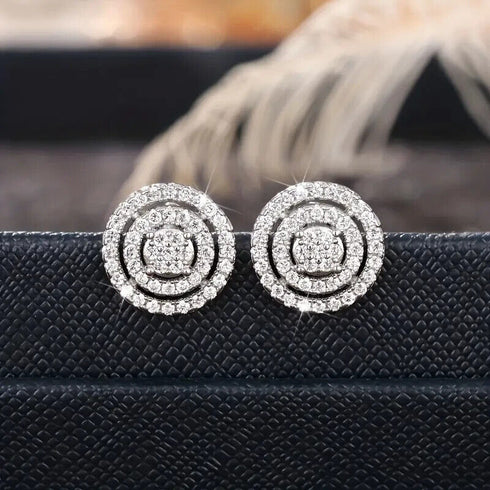Paved 18K White Gold Plated Cubic Zirconia Round Halo Cluster Men Women Earrings