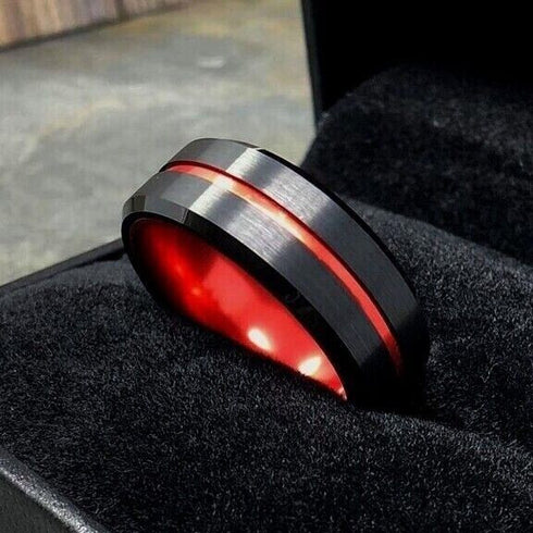 Men's 8mm Tungsten Brushed Black W/Red Grooved Center Comfort Fit Wedding Band