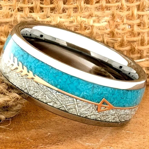 Men's 8mm Tungsten Cupid's Arrow Turquoise & Meteorite Inspired Wedding Band