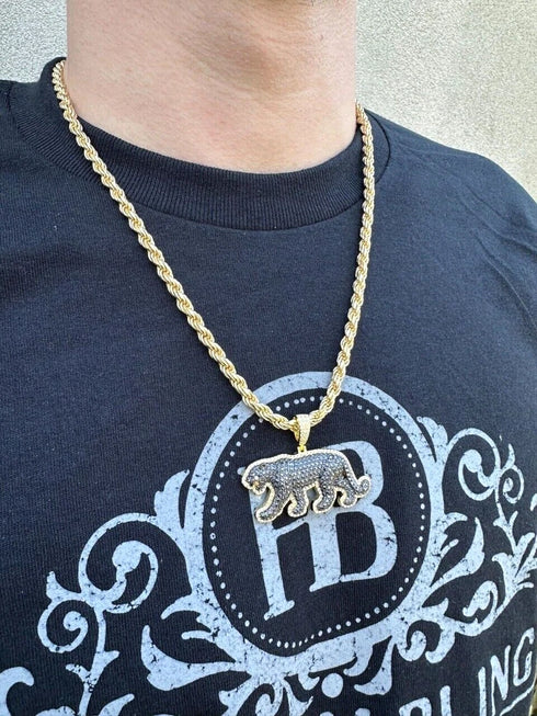 Iced Out 14K Gold Plated Cubic Zirconia Black Jaguar Panther Pendant Necklace