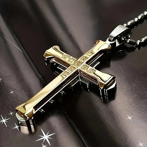 Titanium Stylish & Elegant Black/Gold Cubic Zirconia Cross Pendant Necklace