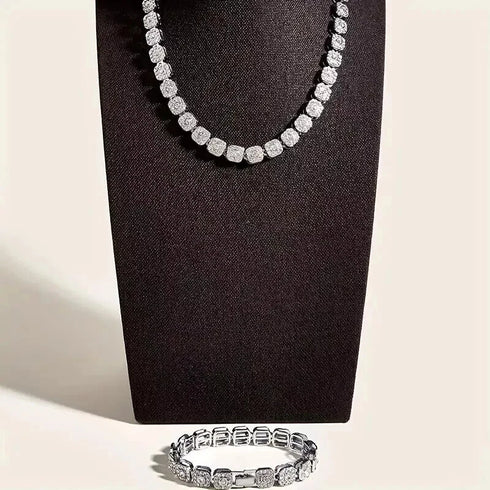 2-Pc FULLY ICED 14K White Gold Plated Square Cluster CZ Tennis Chain Necklace & Bracelet