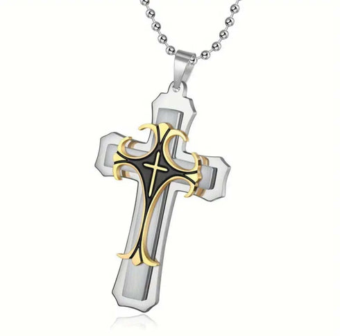 Titanium Creative Multi-Layer Gold Silver Cross/CZ Owl Pendant Necklace