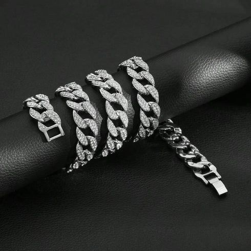 2Pc FULLY ICED 14K White Gold Plated CZ Miami Cuban Link Chain Necklace & Bracelet