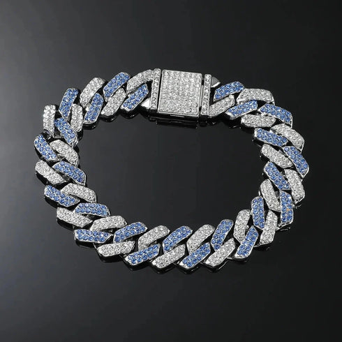 2 Pc Men Women FULLY ICED Rhombus Blue Cuban Link Chain 2Row CZ Necklace & Bracelet