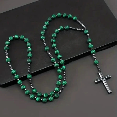Green Malachite & Hematite Beaded Rosary Cross Pendant Necklace