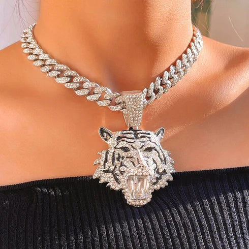 3 Pc Iced Out 14K Gold Plated CZ Tiger Head Pendant & Cuban Chain Necklace & Bracelet