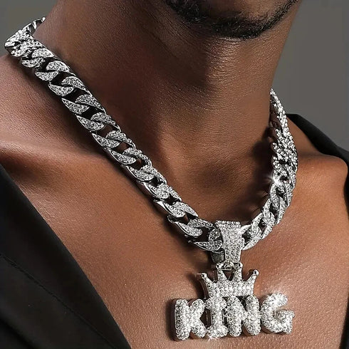 3-Pcs FULLY ICED 14K White Gold Plated CZ Crowned King Cuban Necklace & Bracelet