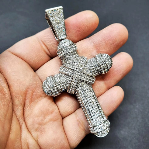 Iced Out Bling 14K White Gold Plated CZ Miami Cuban Chain Cross Pendant Necklace