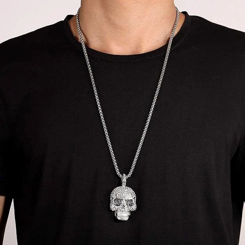 Iced Out 14K White Gold Plated Cubic Zirconia Sugar Skull Head Pendant Necklace