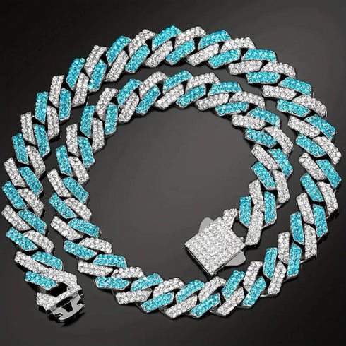 2Pc FULLY ICED 14K White Gold Plated CZ Miami Cuban Link Chain Necklace & Bracelet