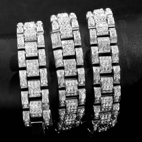 2Pc Men FULLY ICED Watch Band Baguette Chain 14KGold Plated CZ Necklace & Bracelet