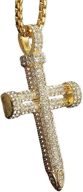 Men's Exquisite Iced Micro Pave 14K Gold Plated CZ Nail Cross Pendant Necklace