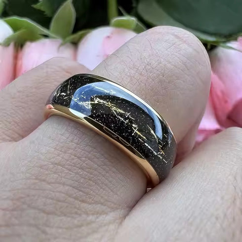 Men's 8mm Titanium Yellow Gold Leaf & Black Sandstone Comfort-Fit Wedding Band