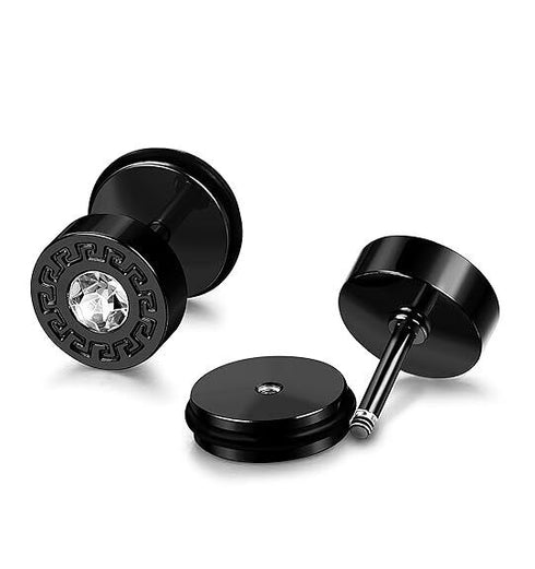 316L Surgical Steel Round Greek Pattern CZ Barbell Men & Women Stud Earrings