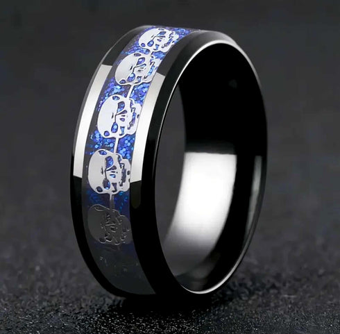 Men 8mm Titanium Black/Blue Laser Skull Carbon Fiber/Matte Black CZ Wedding Band