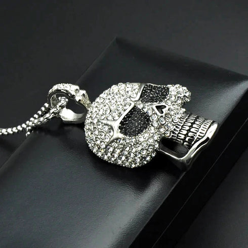 Iced Out 14K White Gold Plated Cubic Zirconia Sugar Skull Head Pendant Necklace
