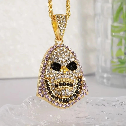 2 Pcs Black Gothic Thorns Skull Rhodium Plated Cuban Halloween Necklace & Bracelet