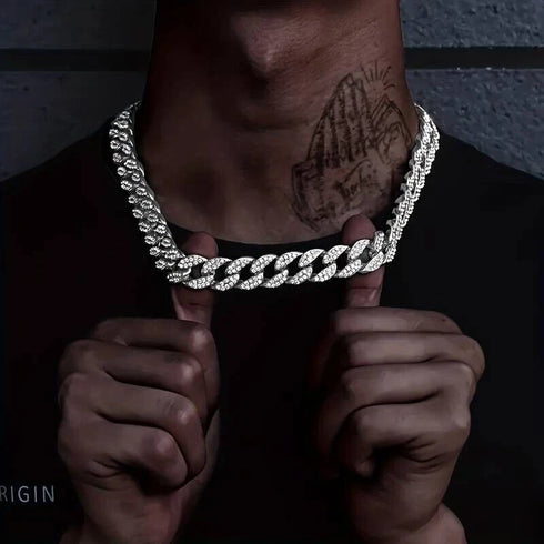 2Pc FULLY ICED 14K White Gold Plated CZ Miami Cuban Link Chain Necklace & Bracelet