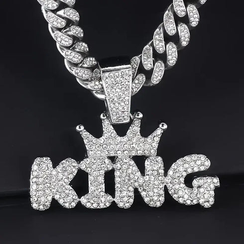 3-Pcs FULLY ICED 14K White Gold Plated CZ Crowned King Cuban Necklace & Bracelet
