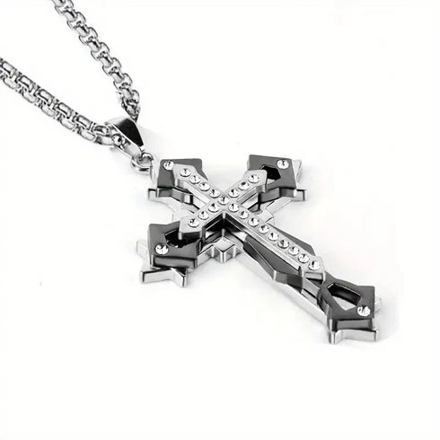 Titanium Creative Multi-Layer Cubic Zirconia Cross Pendant Necklace