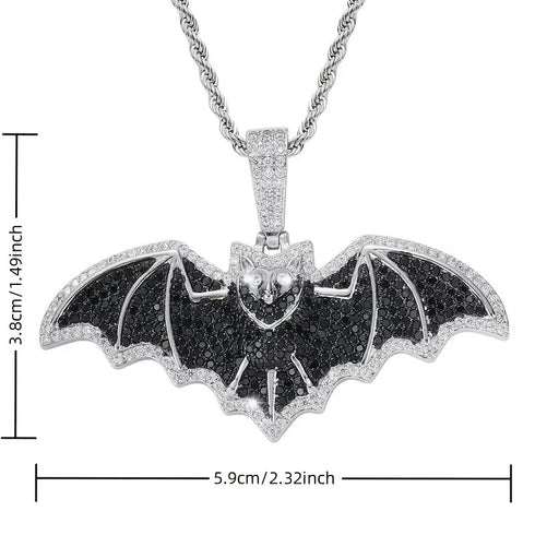 Iced Out Paved 14K White Gold Plated Cubic Zirconia Black Bat Pendant Necklace