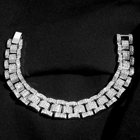 2Pc Men FULLY ICED Watch Band Baguette Chain 14KGold Plated CZ Necklace & Bracelet