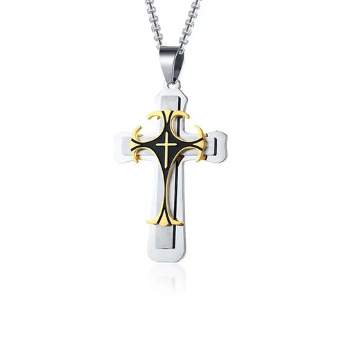 Titanium Creative Multi-Layer Gold Silver Cross/CZ Owl Pendant Necklace