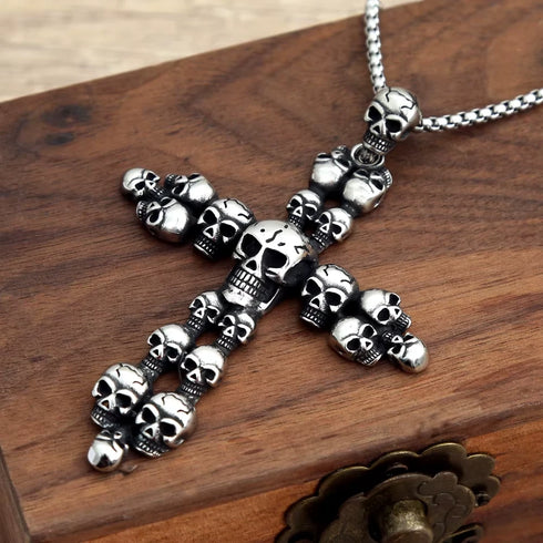 Vintage Cross Skull/Ghost 316L Stainless Steel Carved Halloween Pendant Necklace