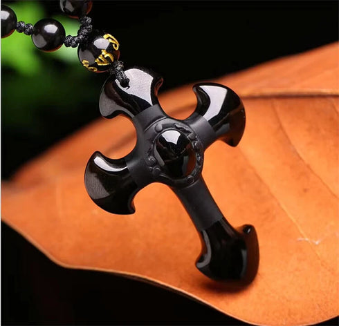 Good Luck Amulet Obsidian Cross Beaded Pendant Necklace