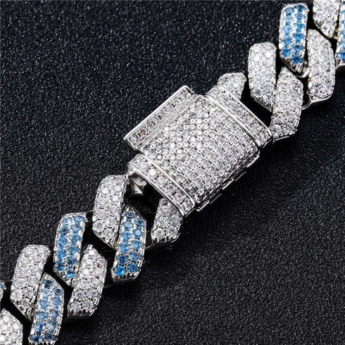 2 Pc Men Women FULLY ICED Rhombus Blue Cuban Link Chain 2Row CZ Necklace & Bracelet