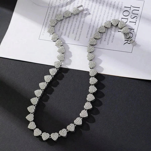 2-Pcs FULLY ICED 14K Gold Plated Heart Shape CZ Tennis Chain Necklace & Bracelet