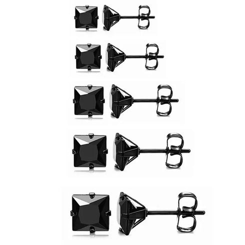 5Pair Stainless Steel Black Cubic Zircon 4/5/6/7/8mm Solitaire Men Women Earring