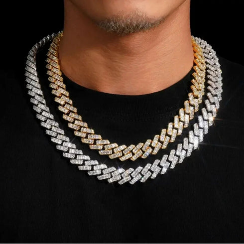 2-Pc ICED OUT 14K Gold Plated Gold/Silver CZ Cuban Chain Bracelet & Necklace Set