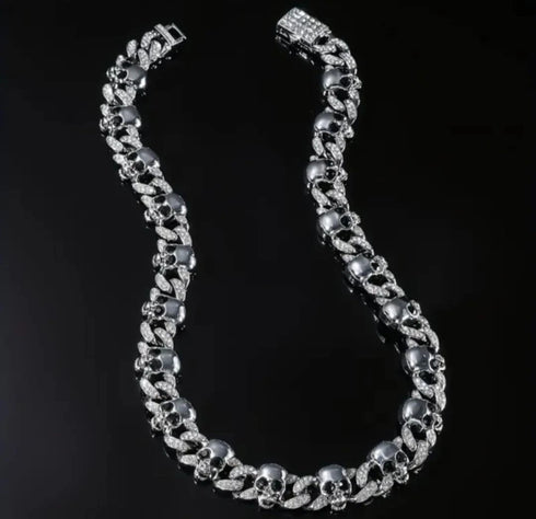 2-Pc Iced Out Skull Rhodium Plated Cubic Zirconia Unisex Cuban Necklace & Bracelet